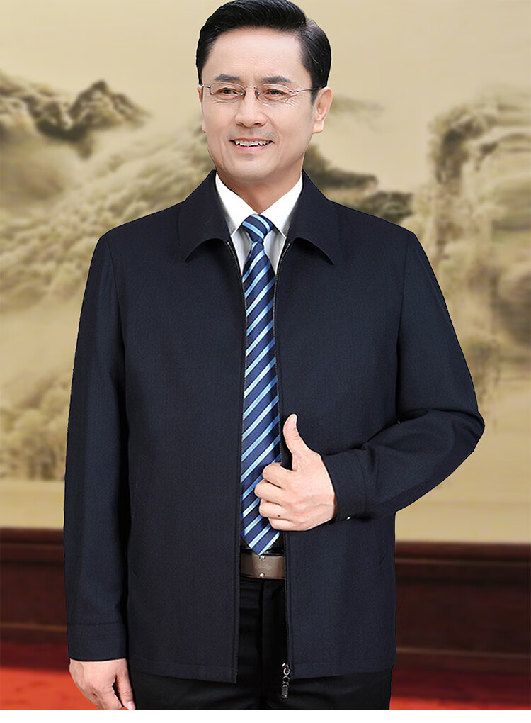 领导干部翻领夹克男外套中老年男标准型春秋薄款上衣老年人爸爸装 黑