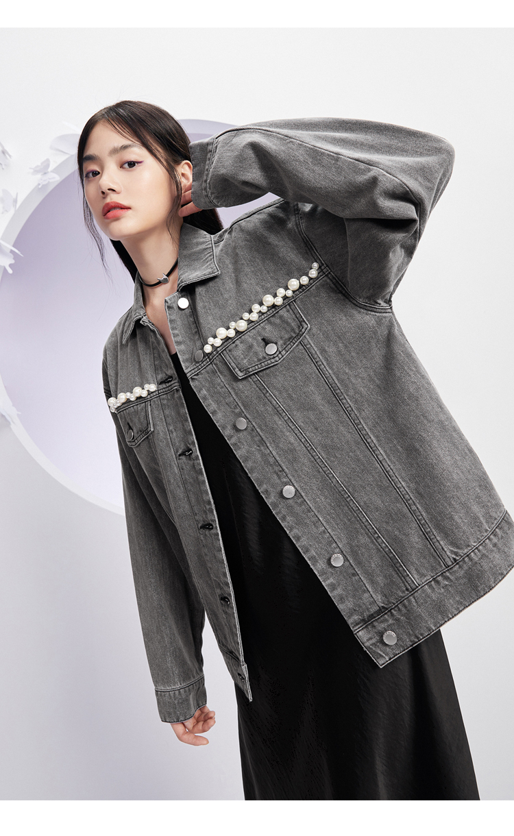 太平鸟炸街牛仔外套女2020春秋装装新款韩版宽松黑色珍珠牛仔衣潮 黑