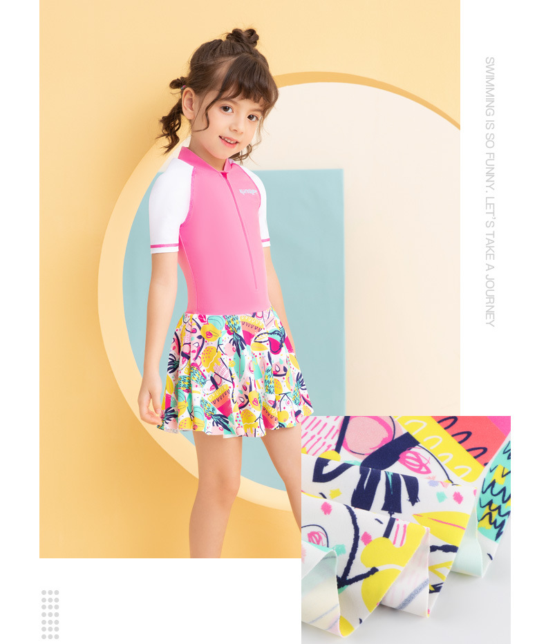 英发yingfa新款英发儿童短袖游泳衣连体平角裙式小女童中大童遮阳泳装