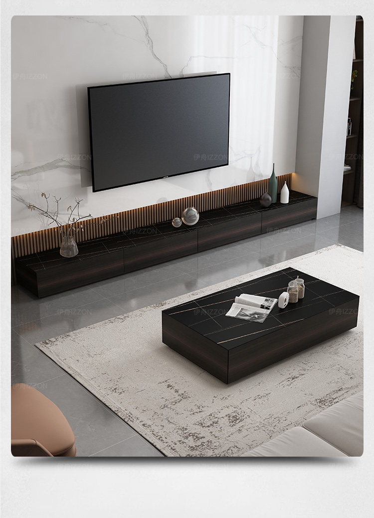 伊舟烟熏木岩板电视柜36米意式极简现代简约轻奢地台地柜茶几组合套装