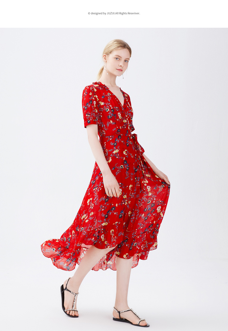 juzui/玖姿夏季碎花印花抽绳收腰显瘦女连衣裙 花大红 m