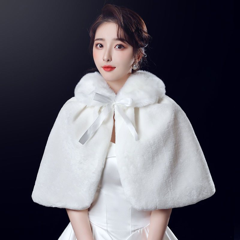 婚纱披肩新娘婚纱礼服毛披肩冬季结婚旗袍伴娘外套白加厚保暖斗篷水