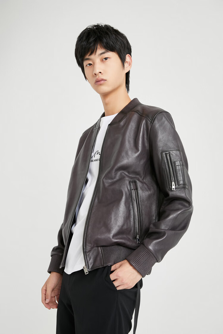 杰克琼斯秋季男士时尚机车羊皮革夹克皮衣外套220410009 e40黑色 175