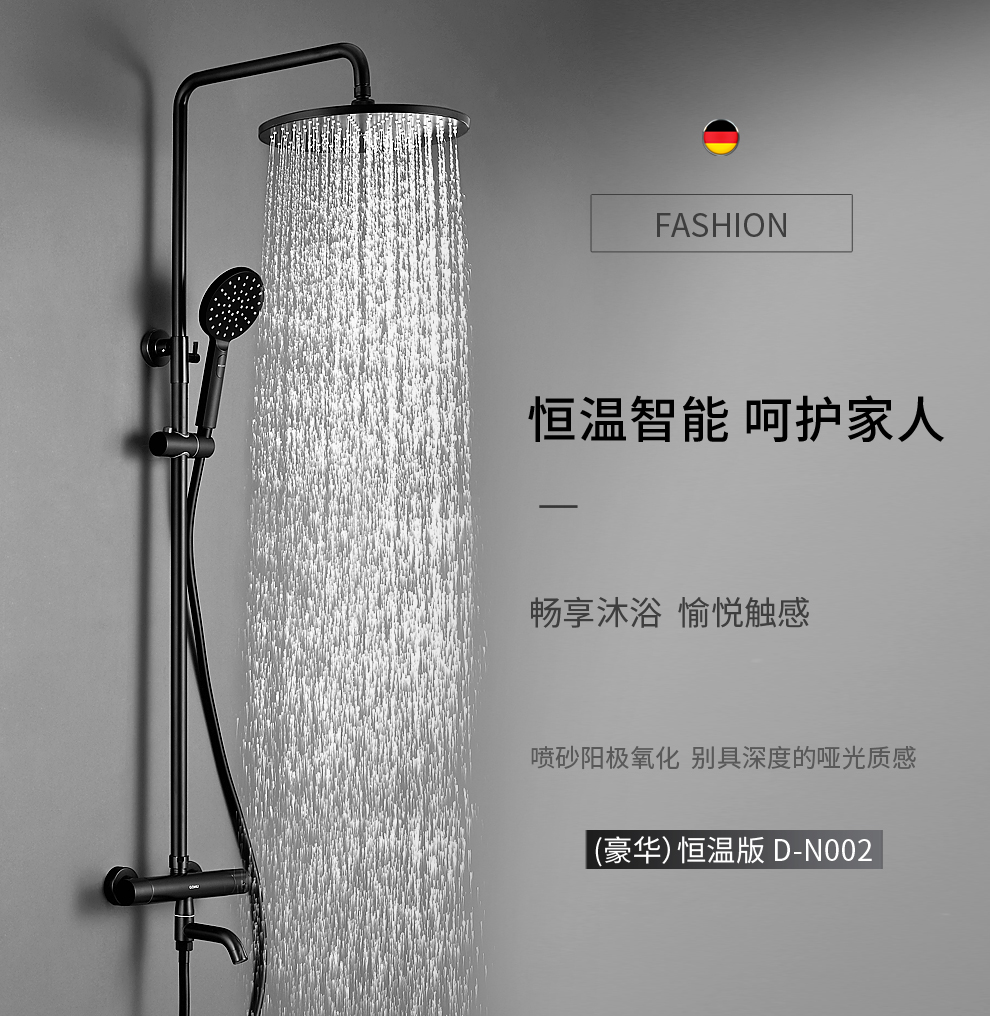 德国crejash东尼卫浴淋浴花洒套装家用黑色全铜恒温增压大喷头淋雨器