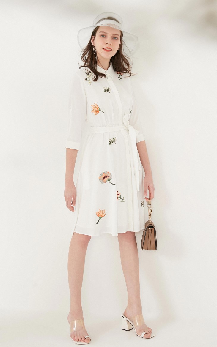 刺绣高腰七分袖优雅连衣裙32037c502 白色 160/80a/s【图片 价格 品牌