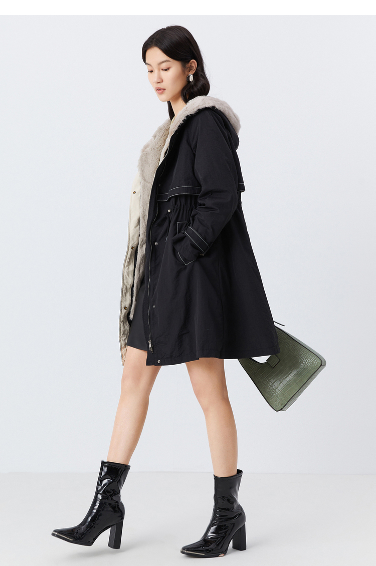影儿yiner音儿女装2021冬季新款连帽中长款皮草外套黑色44