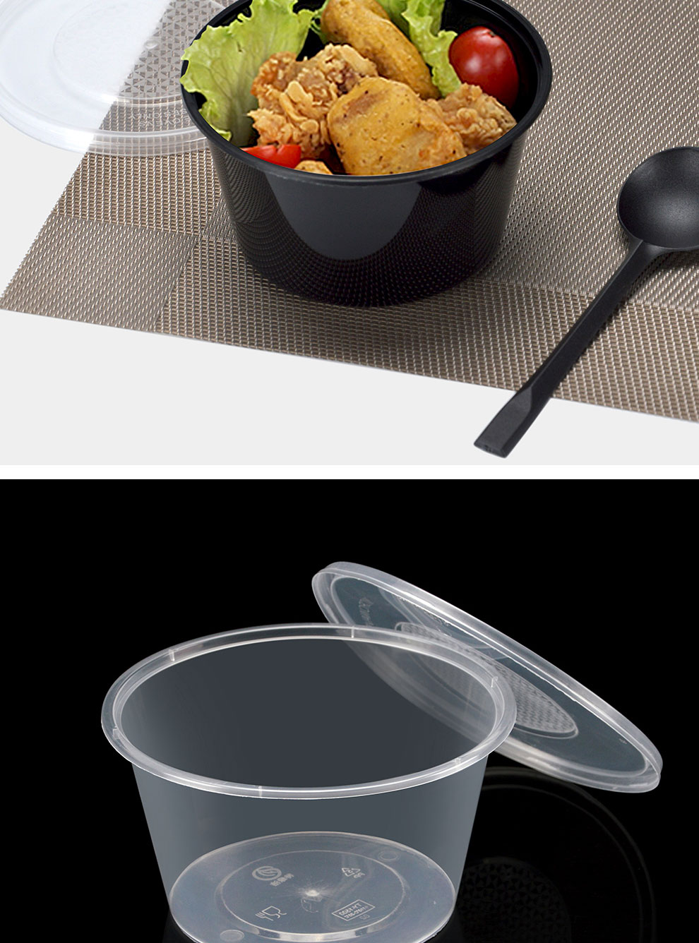 3001000圆形打包碗一次性餐盒汤碗打包盒塑料盒汤盒300ml带透明盖50套