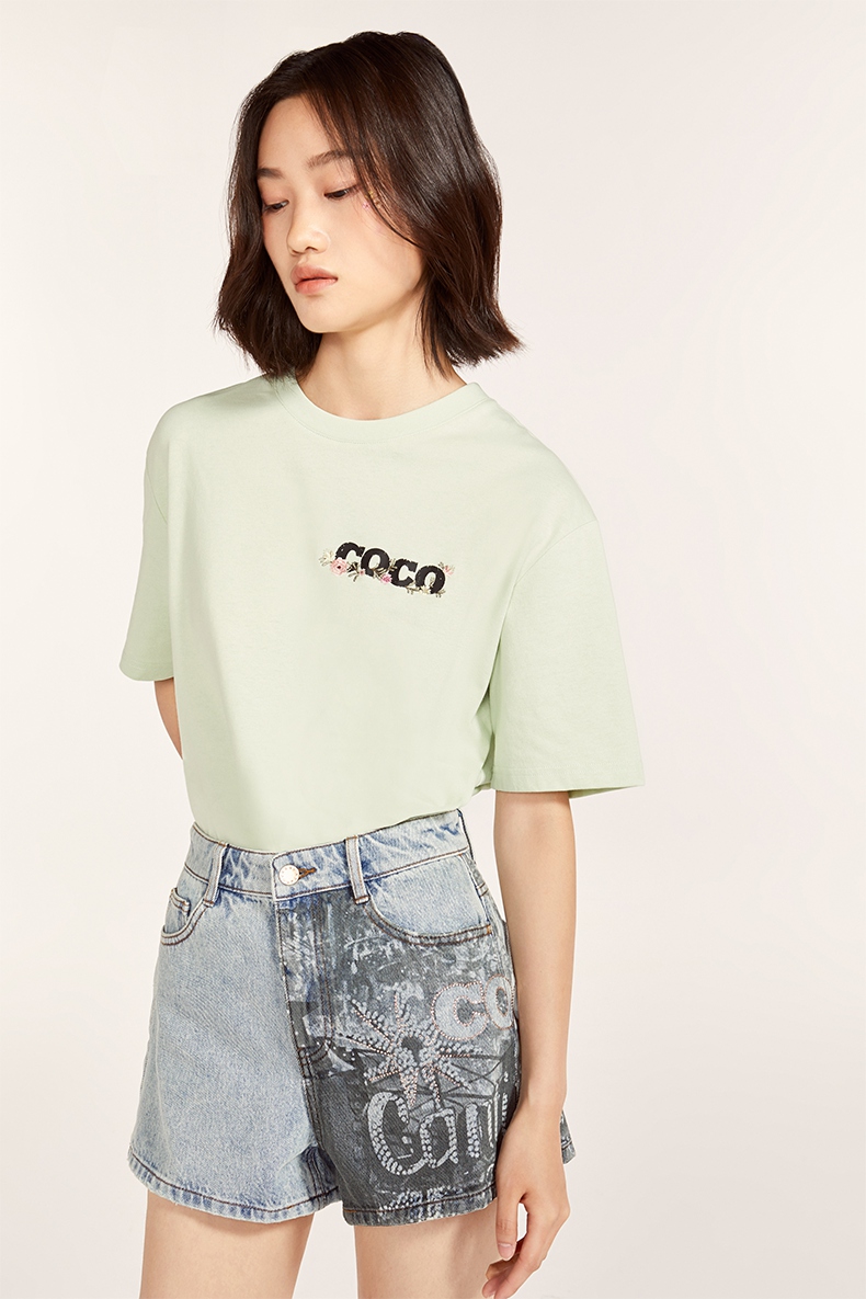 five plus2021新款女春装coco合作款短袖t恤宽松刺绣中长上衣纯棉
