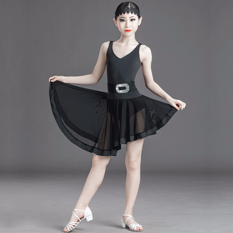 少儿拉丁舞服装练功服夏季女儿童标准练习表演演出服露背比赛 黑色