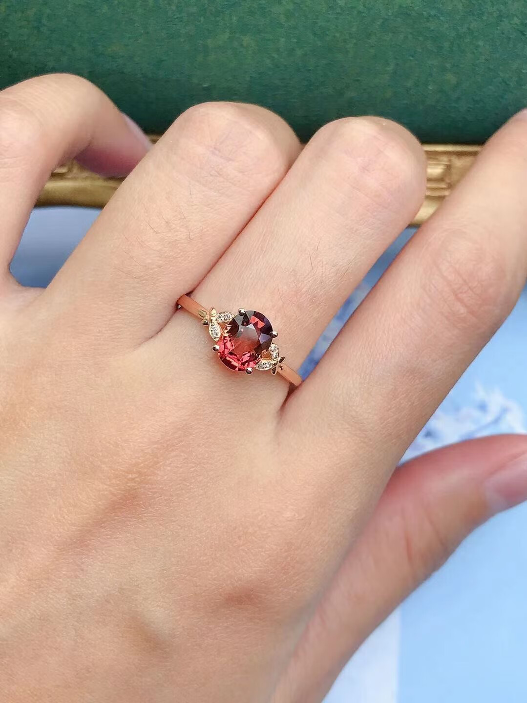 巴西碧玺戒指18k玫瑰金彩宝女彩色宝石镶嵌南非钻石 绿色 16号【图片