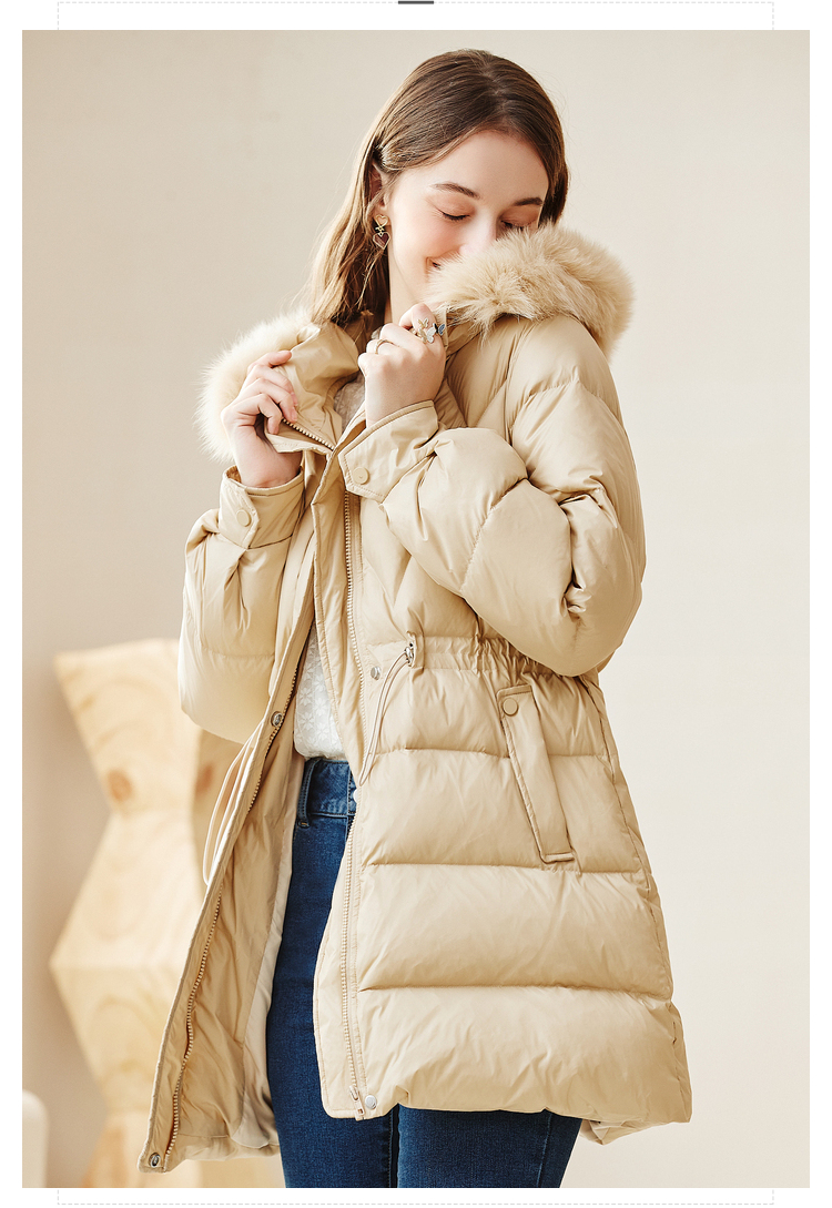 新款betu百图女装香槟金中长款收腰显瘦连帽羽绒服女2111t29香槟色m