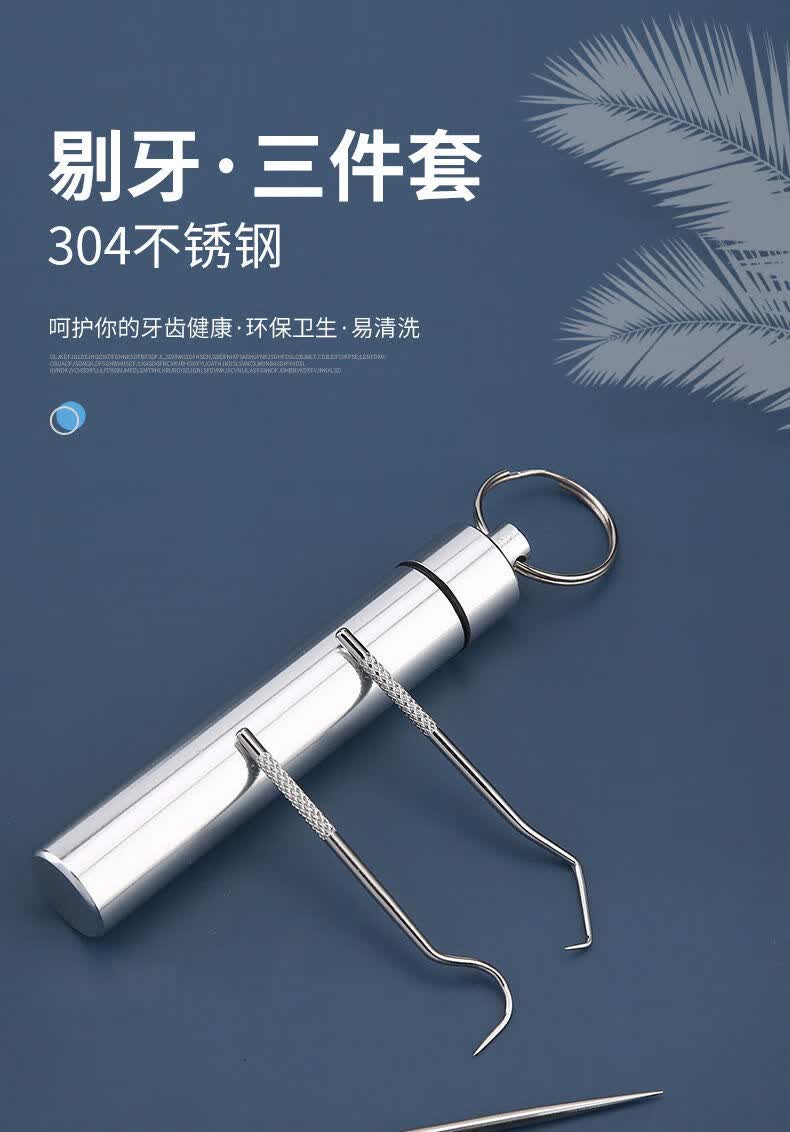 304不锈钢便携随身牙签家用剔牙多功能清洁工具水果签长款3件套白圆筒