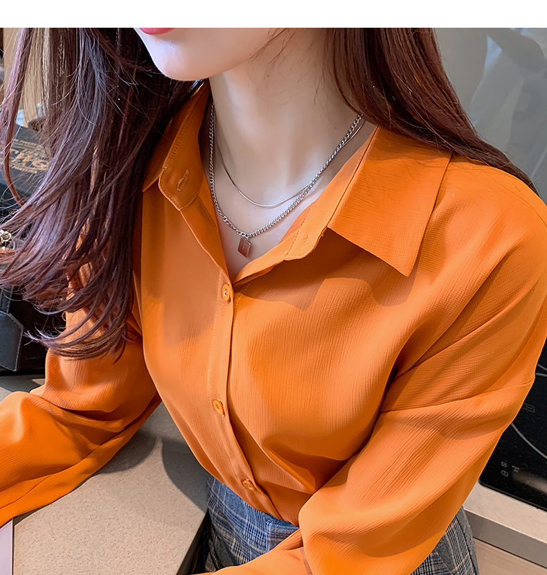 南极人长袖衬衫女 2021年初秋新款橘色雪纺衬衫女设计感小众长袖衬衣