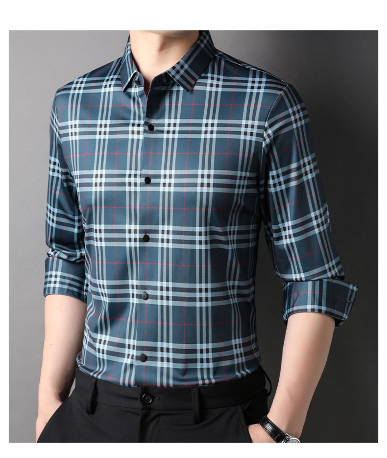 阿玛尼(armani)格子长袖衬衫男垂感无痕商务休闲男士衬衣潮 上青 xl