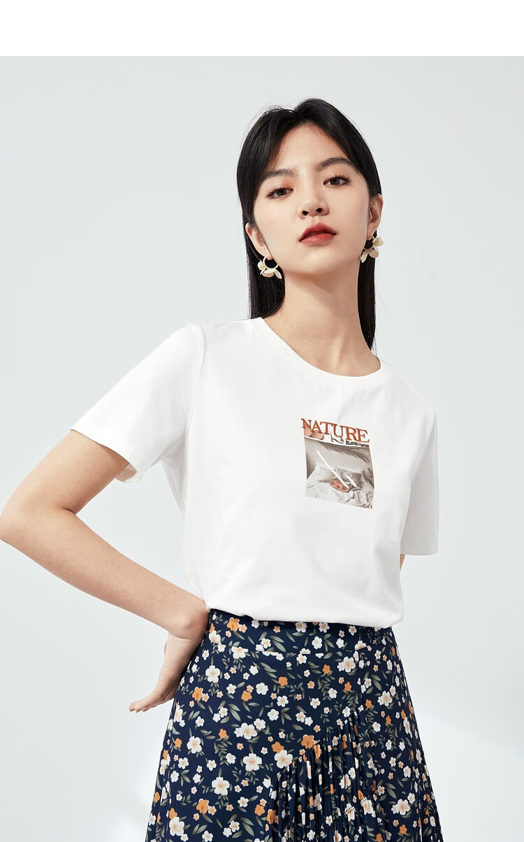 伊芙丽打底衫女装2021新款潮夏季纯棉印花短款上衣白色短袖t恤女 本