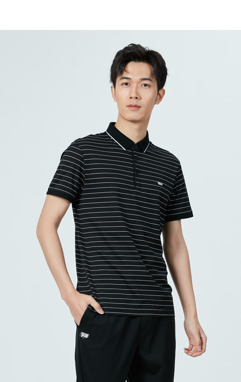利郎短袖polo衫男2021夏季新款含桑蚕丝30%条纹修身短袖t恤 黑色 白色