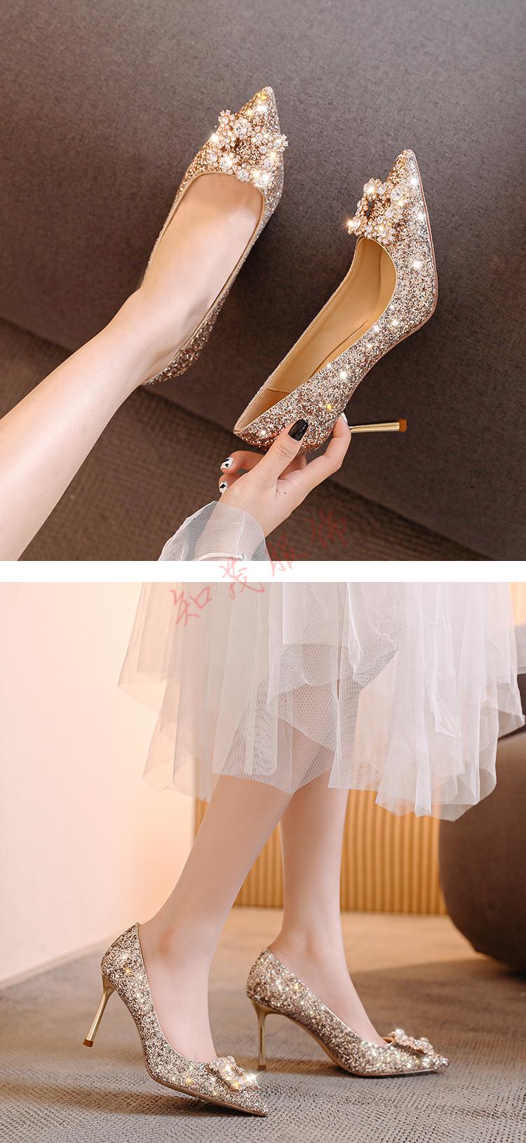 品牌法式结婚鞋年新款主婚纱新娘鞋伴娘水晶鞋晚礼服高跟鞋女细跟银色