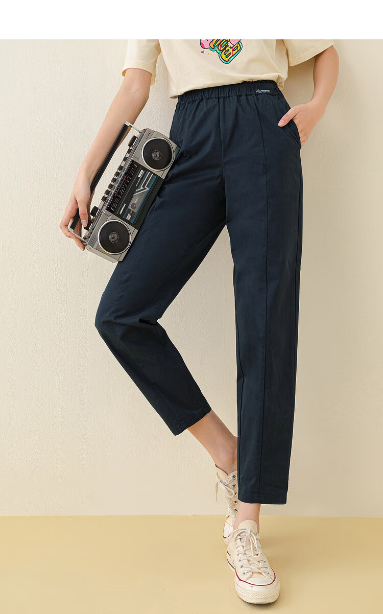 茵曼2021夏装新款松紧花边绣花裤腰褶皱设计两侧口袋裤子百搭休闲