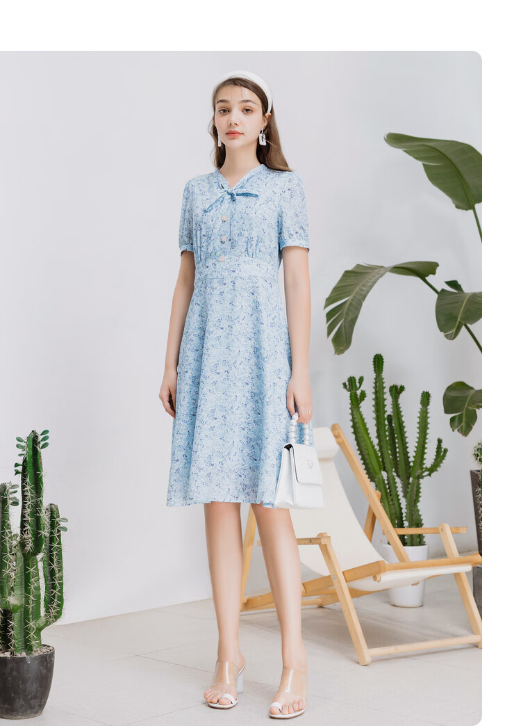 蝴蝶结绑带连衣裙女佳人苑2021夏季新款雪纺碎花裙收腰显瘦中长裙