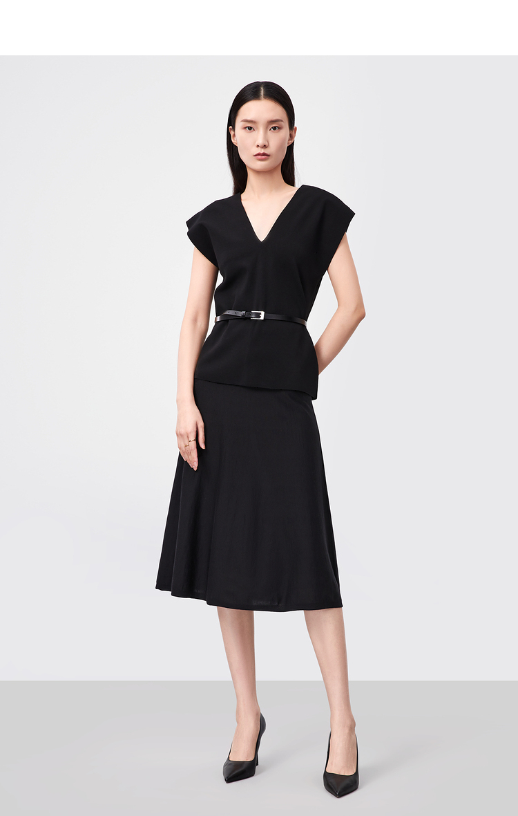 ovv2021春夏前后v领廓形感短袖弹力针织衫gnzbj11013a黑色16xs