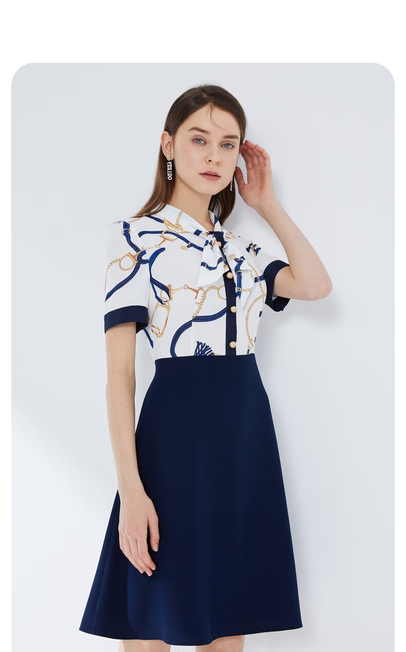 scofield女装21春款新品锁链纹印花收腰x型中长连衣裙 藏青色 155