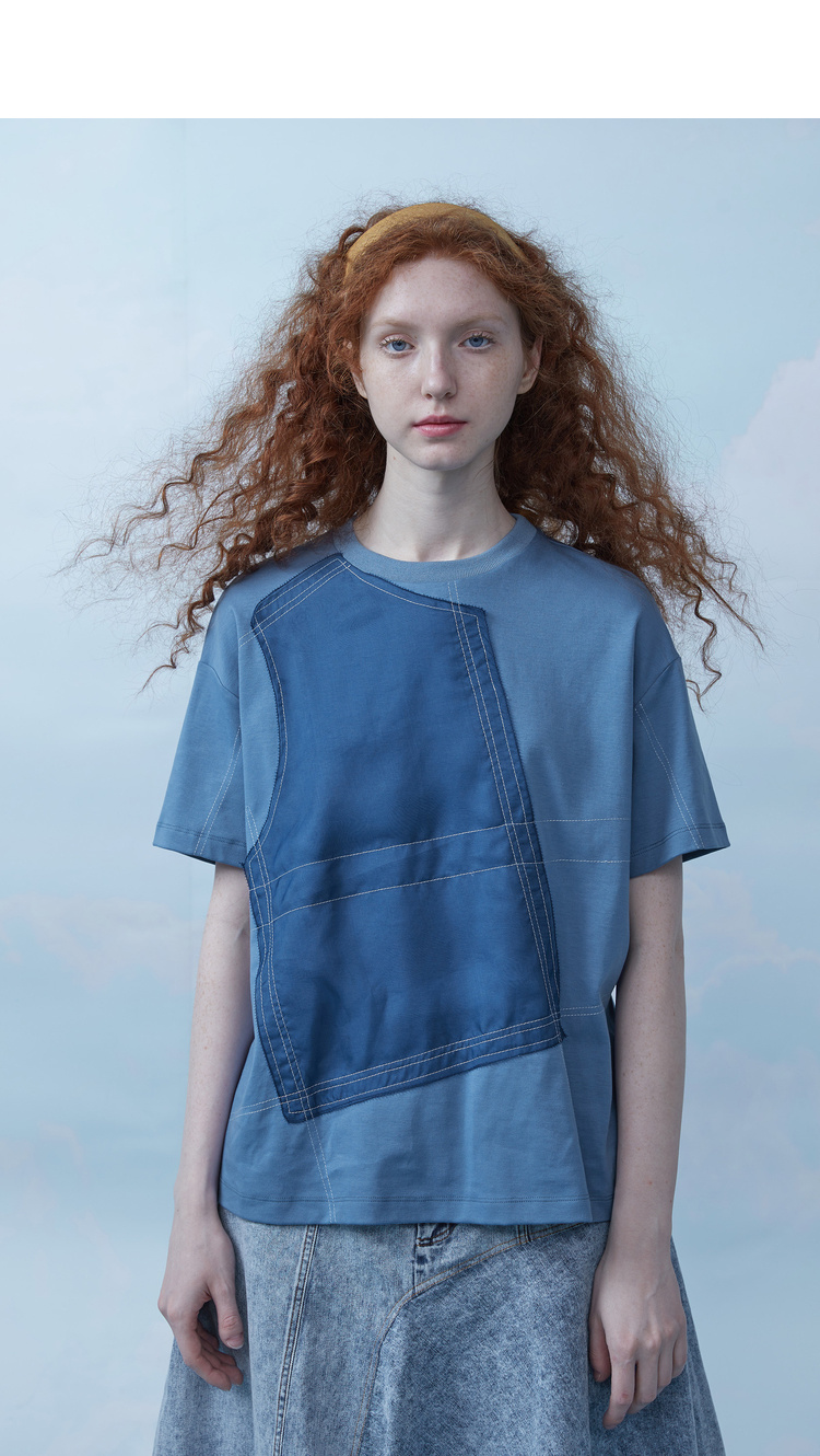 半圆原创设计师女装2020夏新款撞色明线修身显瘦短袖t恤休闲体恤 蓝色