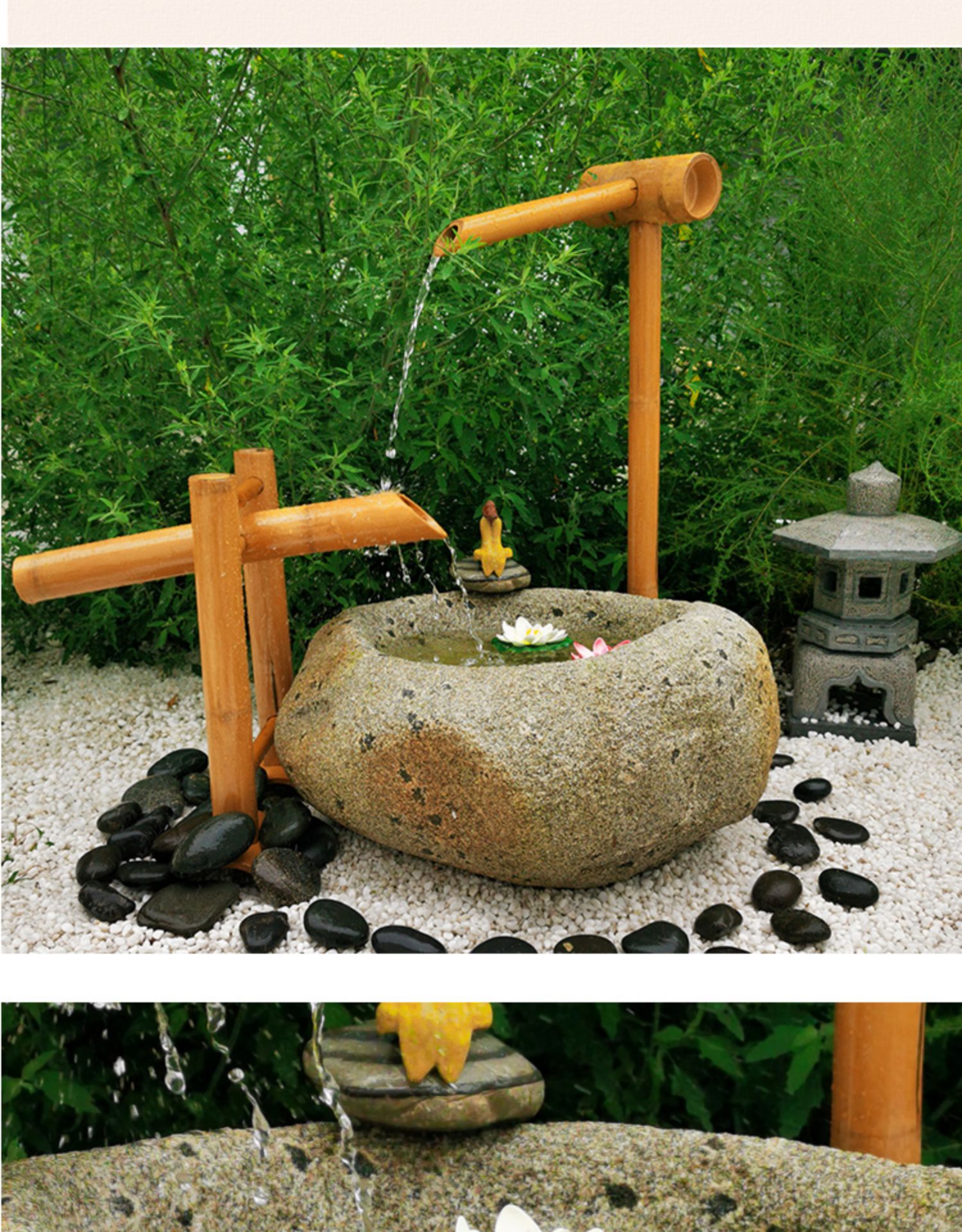 钵庭院禅意水景枯山水花园惊鹿器石盆户外石缸流水石头水钵 盆丰钵满