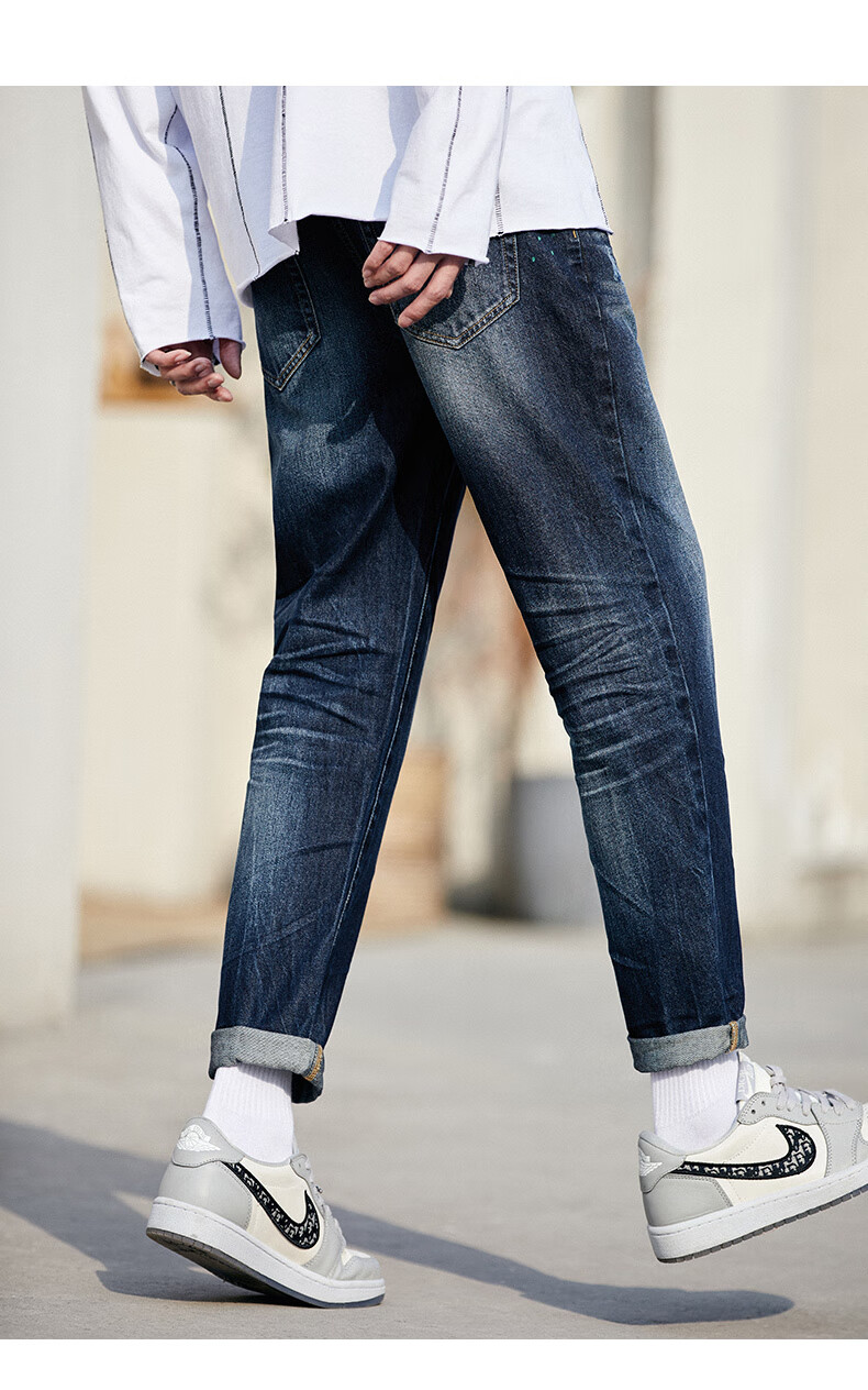 太平鸟男装 宽松牛仔裤男7a型2021年秋季新款深蓝锥形牛仔长裤潮 深蓝