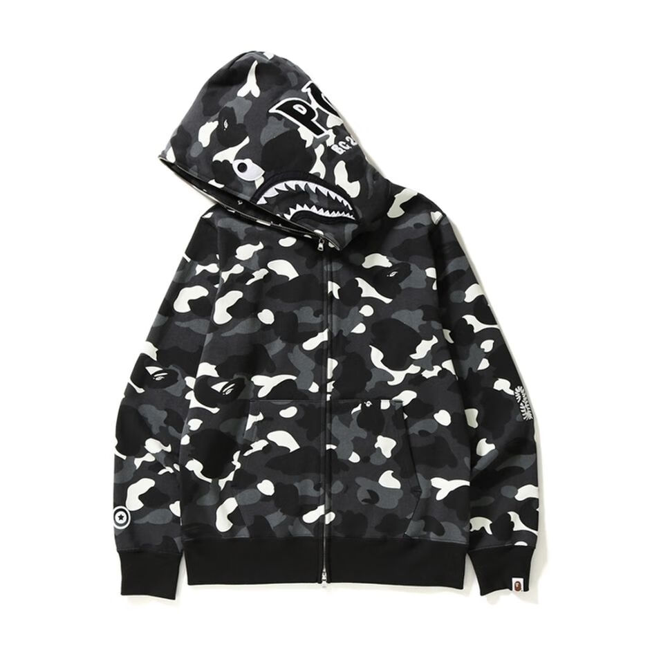 aape【品牌特价】bape夜光迷彩鲨鱼头卫衣外套男女情侣同款黑白刺绣连
