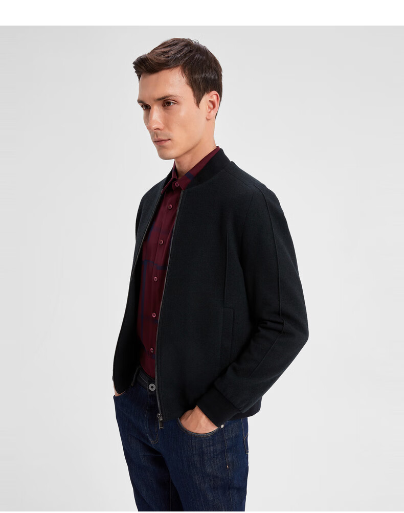 劲霸男装商务休闲纯色毛呢茄克保暖修身棒球领拉链短款外套男bkwd3888