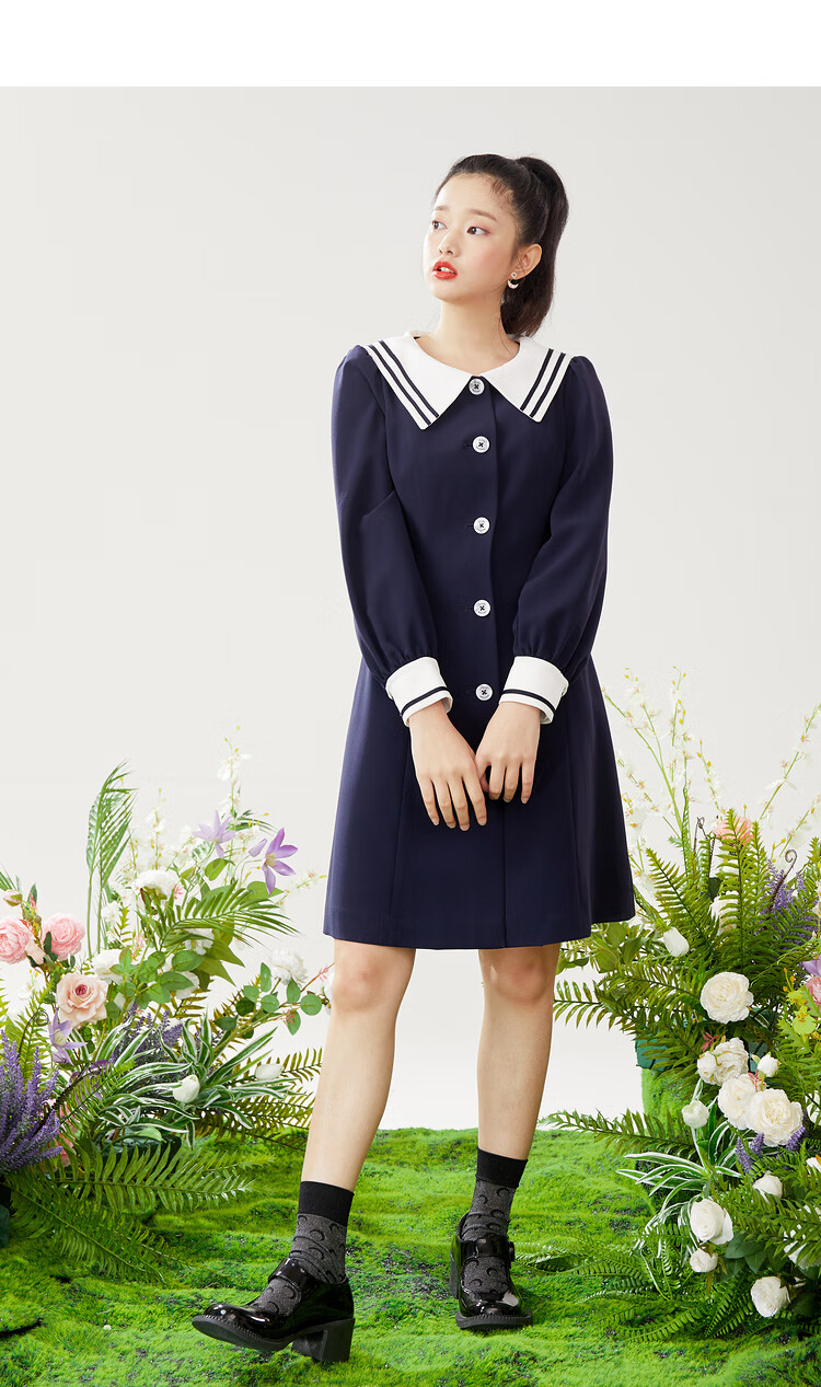 eland2021春季学院风减龄可爱海军领连衣裙女eeowb12w1c 藏青色(59)
