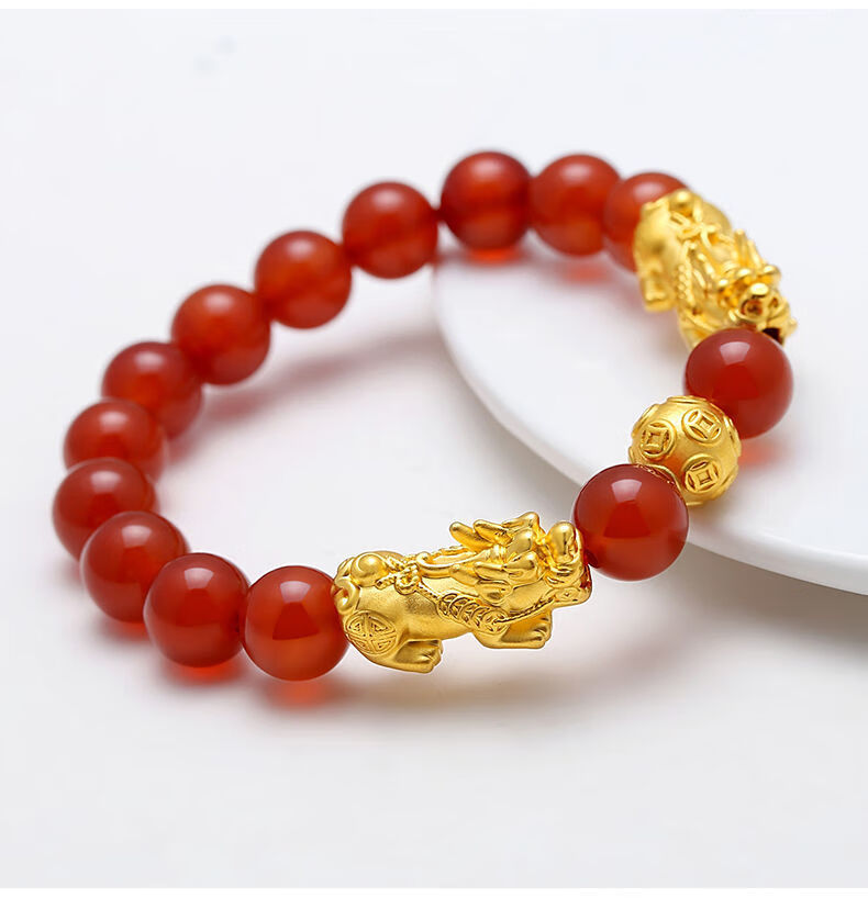 天然红玛瑙转运珠硬金貔貅手链女本命年黑曜石招财手串情人节礼物