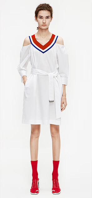 moco夏季新品v领撞色绑带露肩连衣裙mai2drs034 摩安珂 深宝蓝色 xs