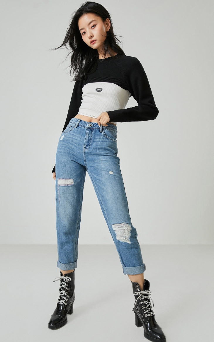 女装 牛仔裤 only only2021春季新款时尚气质毛边破洞低腰九分牛仔裤