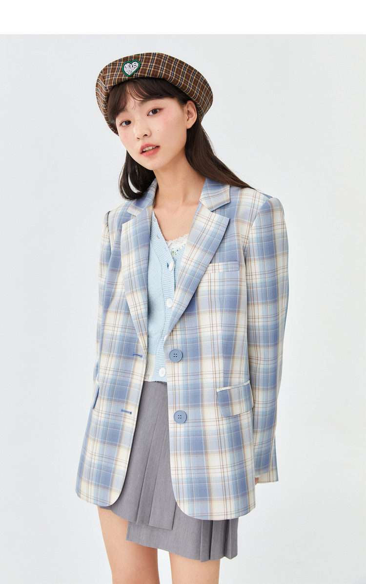 224新品乐町清新格纹西装2022春季新款设计感小个子外套女蓝格纹现货s