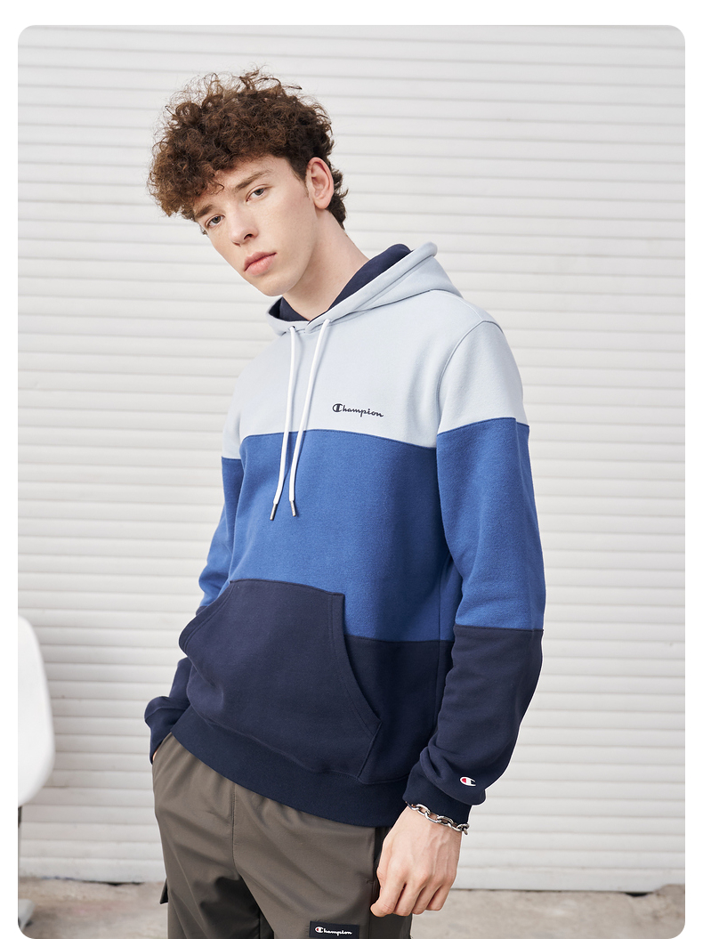 champion冠军秋季新款草写小logo渐变条纹拼色套头连帽卫衣男黄色拼接