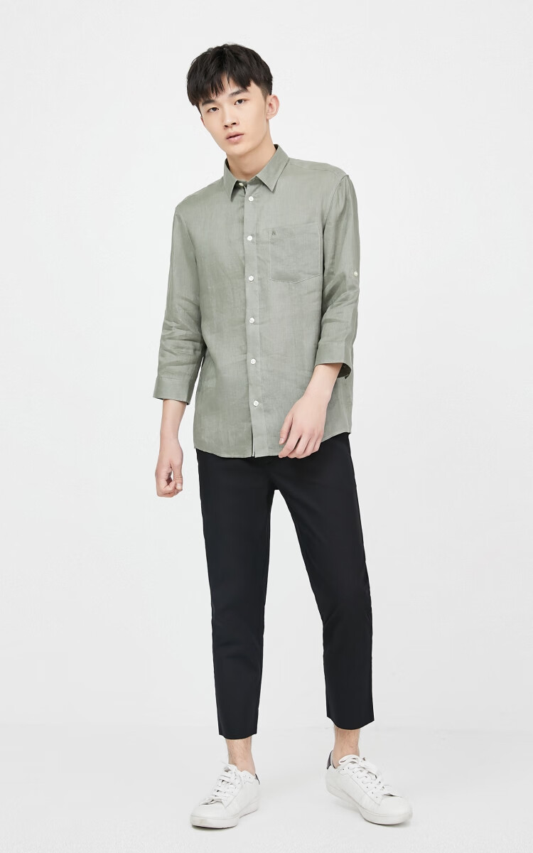 jackjones杰克琼斯夏男潮透气亚麻七分袖休闲长袖衬衫衣220331019 e62