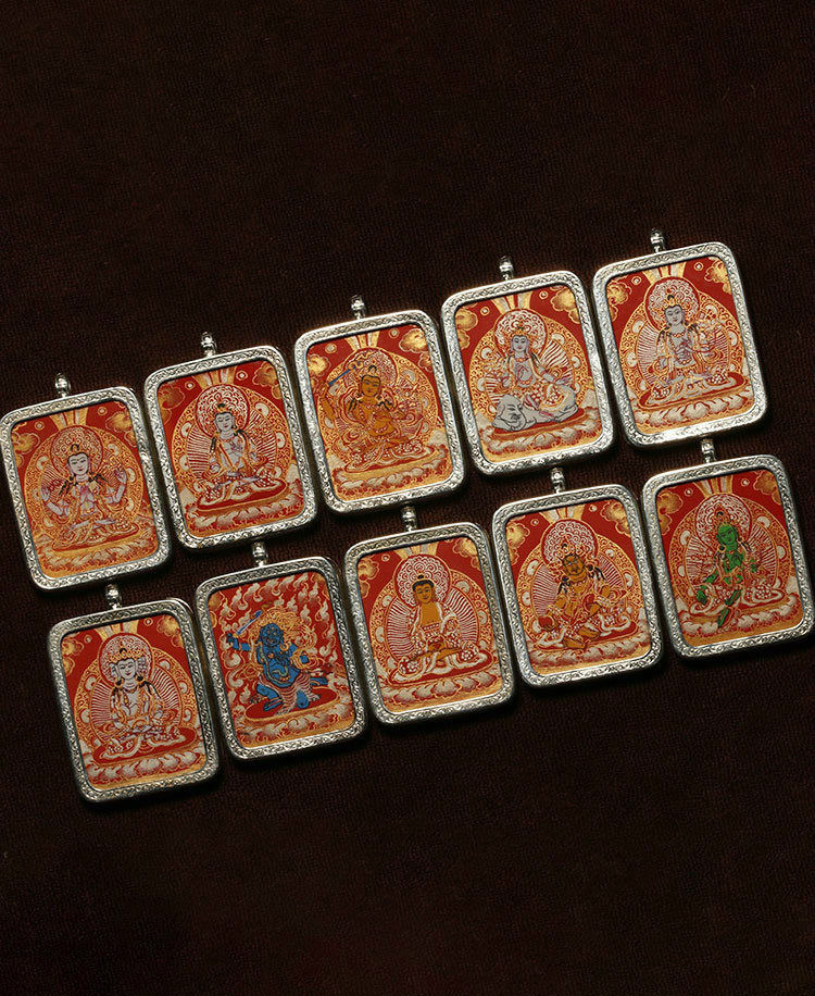 手绘小唐卡十二生肖本命佛吊坠黑金微唐银外壳西藏画工佛牌挂坠红唐不