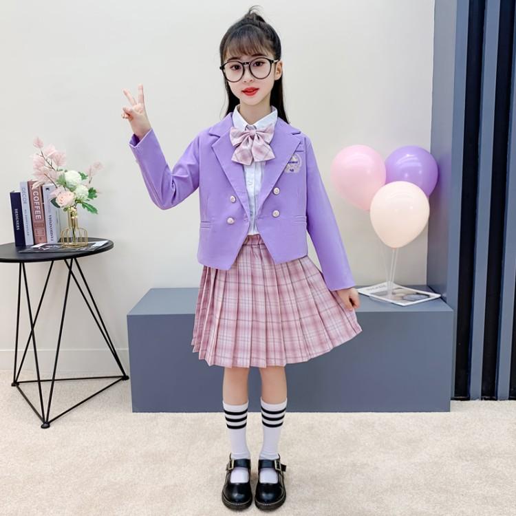 2021春新款日系学院jk套装百搭洋气衬衫格子短裙女童校园西装外套三