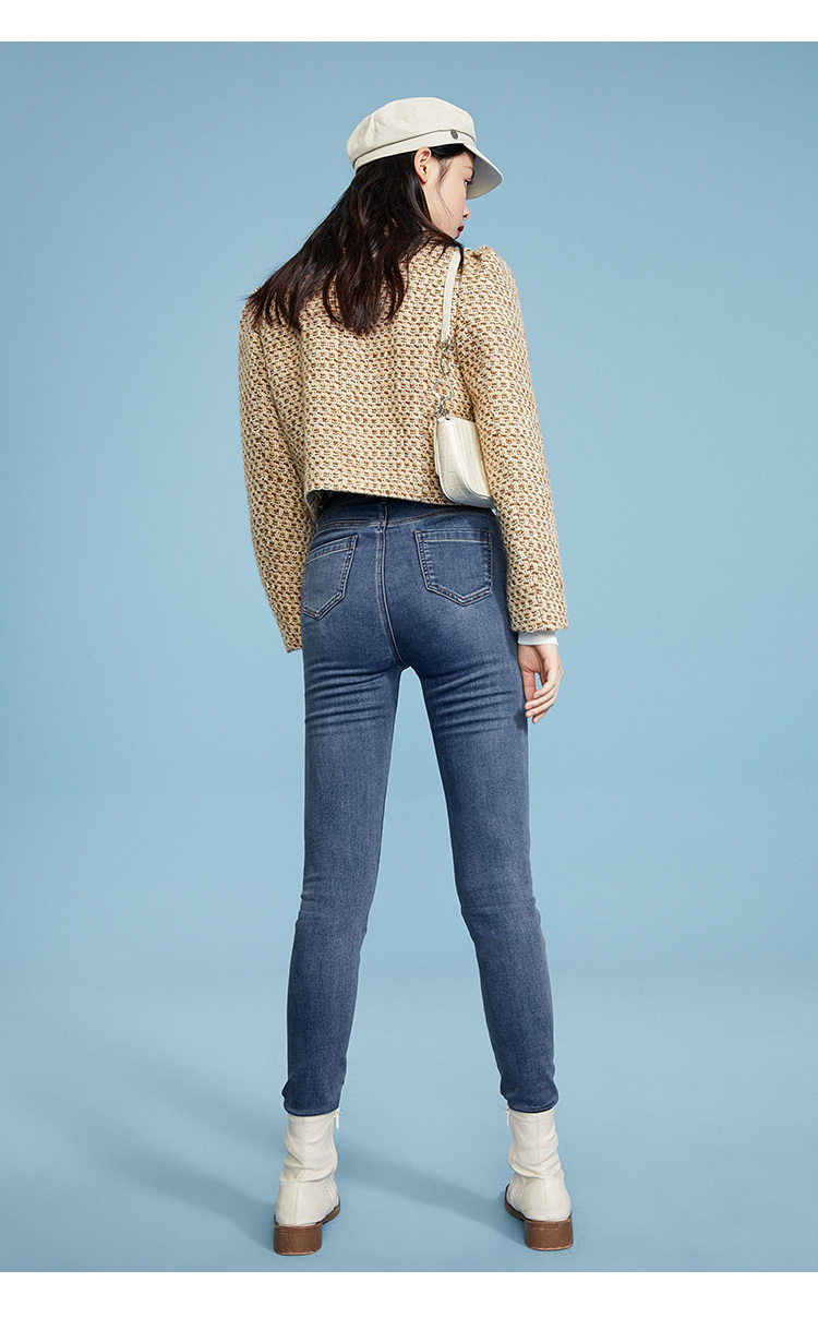 太平鸟高腰牛仔裤女小脚裤2020秋冬新款黑科技火山岩修身牛仔裤女 黑