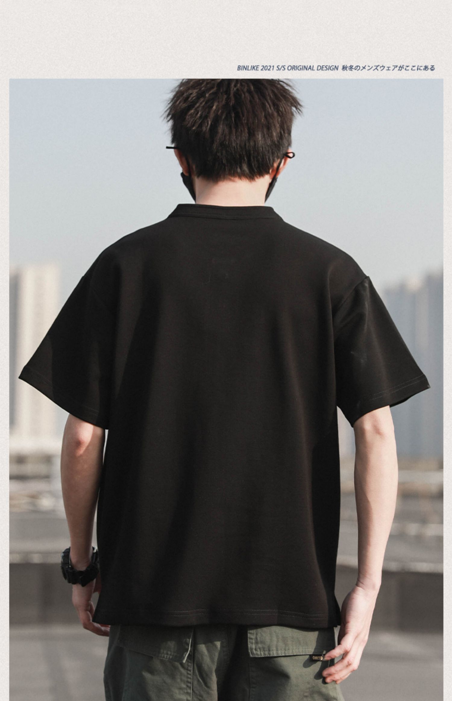 宾力克2021夏季短袖t恤男胖子半截袖日系潮牌百搭纯色大码男装 黑色 m