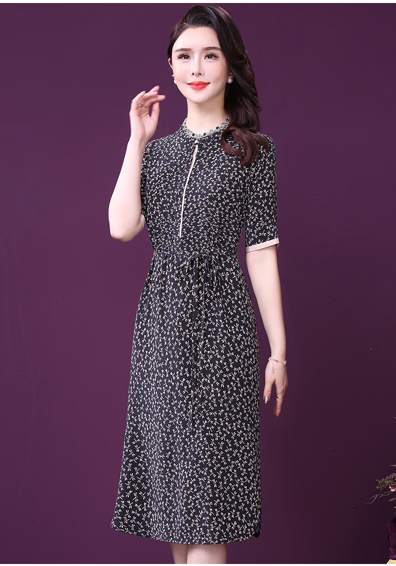 王小鸭2021春新款杭州真丝洋气阔太太收腰宽松系带年轻款连衣裙女