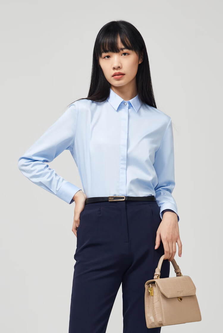 雅戈尔 衬衫女 职业女衬衫 长袖衬衫女 纯色衬衣 蓝衬衫 商务休闲
