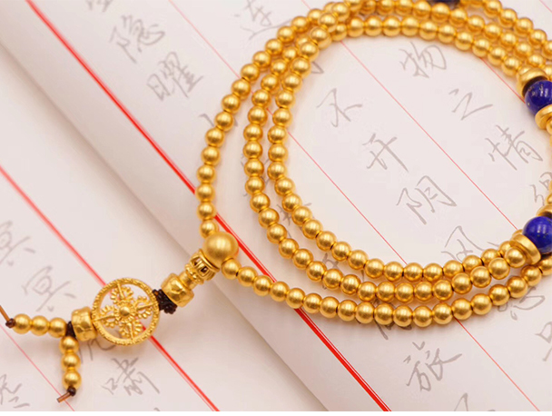 老凤凰古法金珠手串女三圈金佛珠108颗黄金磨砂圆珠手链十字金刚杵