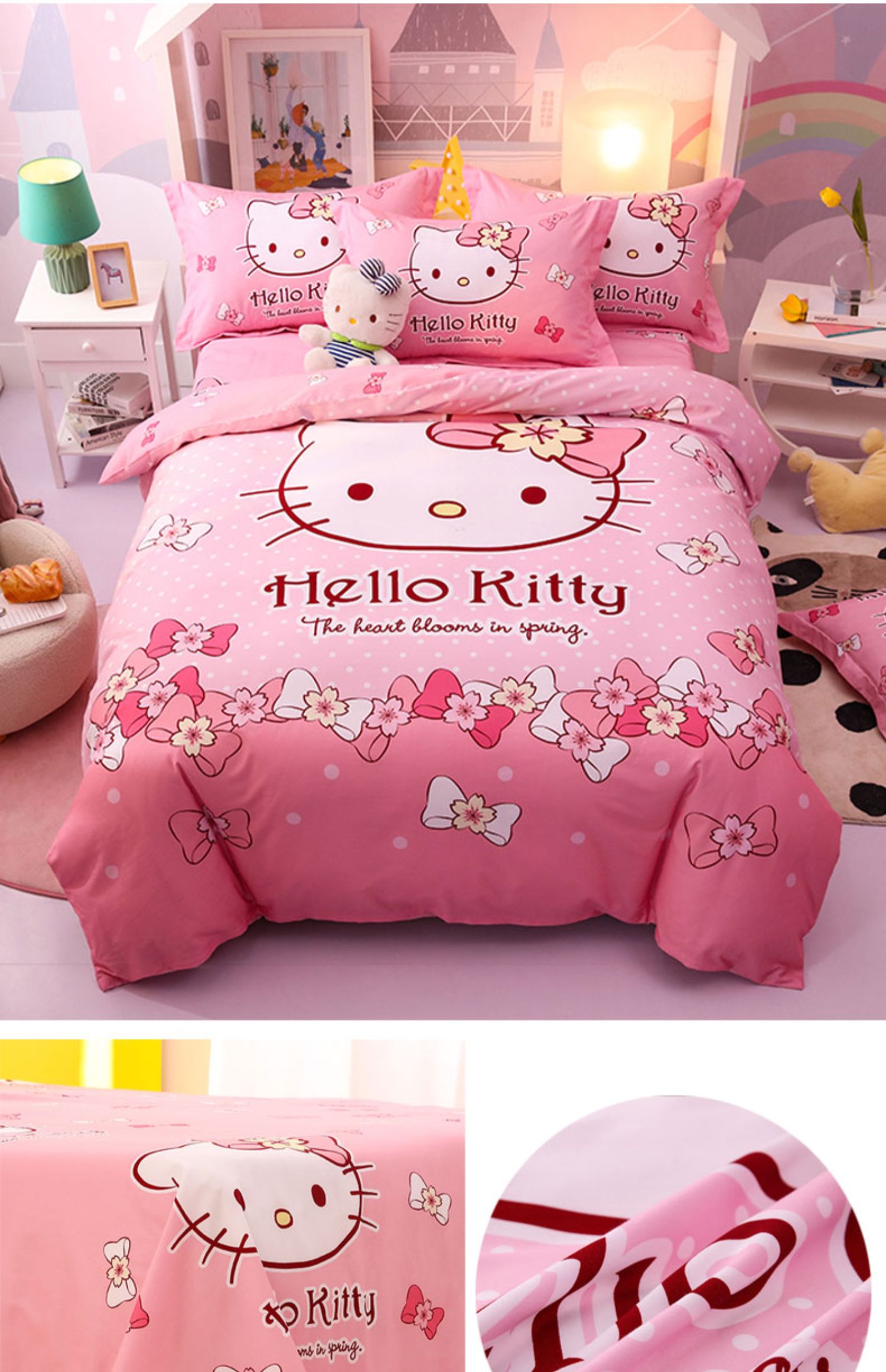 儿童四件套纯棉女孩春秋凯蒂猫三件套全棉夏季床单春夏季夏天 樱花