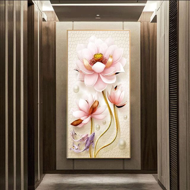 60入户玄关竖版客厅装饰画晶瓷画墙壁画挂画走廊过道新中式花开富贵