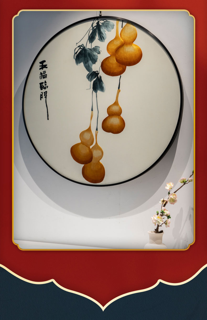 逸福瑞 精品苏绣手工刺绣五福临门圆形玄关挂画葫芦苏绣成品挂画画