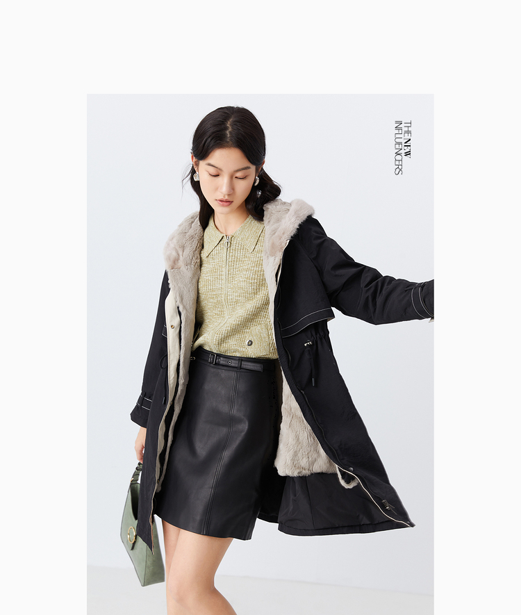 影儿yiner音儿女装2021冬季新款连帽中长款皮草外套黑色44
