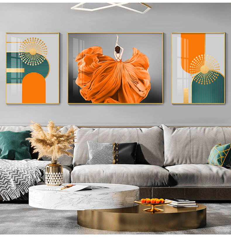 醒美 现代轻奢客厅装饰画时尚抽象晶瓷画橙橘色人物沙发背景墙三联