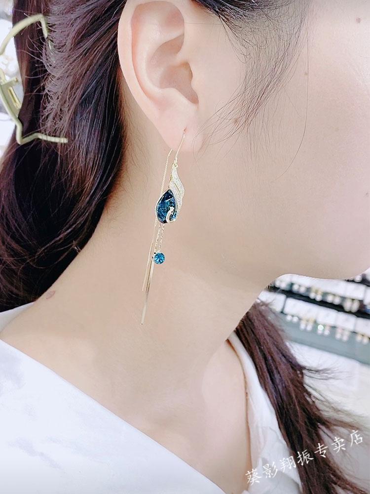 kuiying蓝色水晶凤凰耳环感轻奢凤舞九天孔雀防丢耳线防过敏气质耳饰